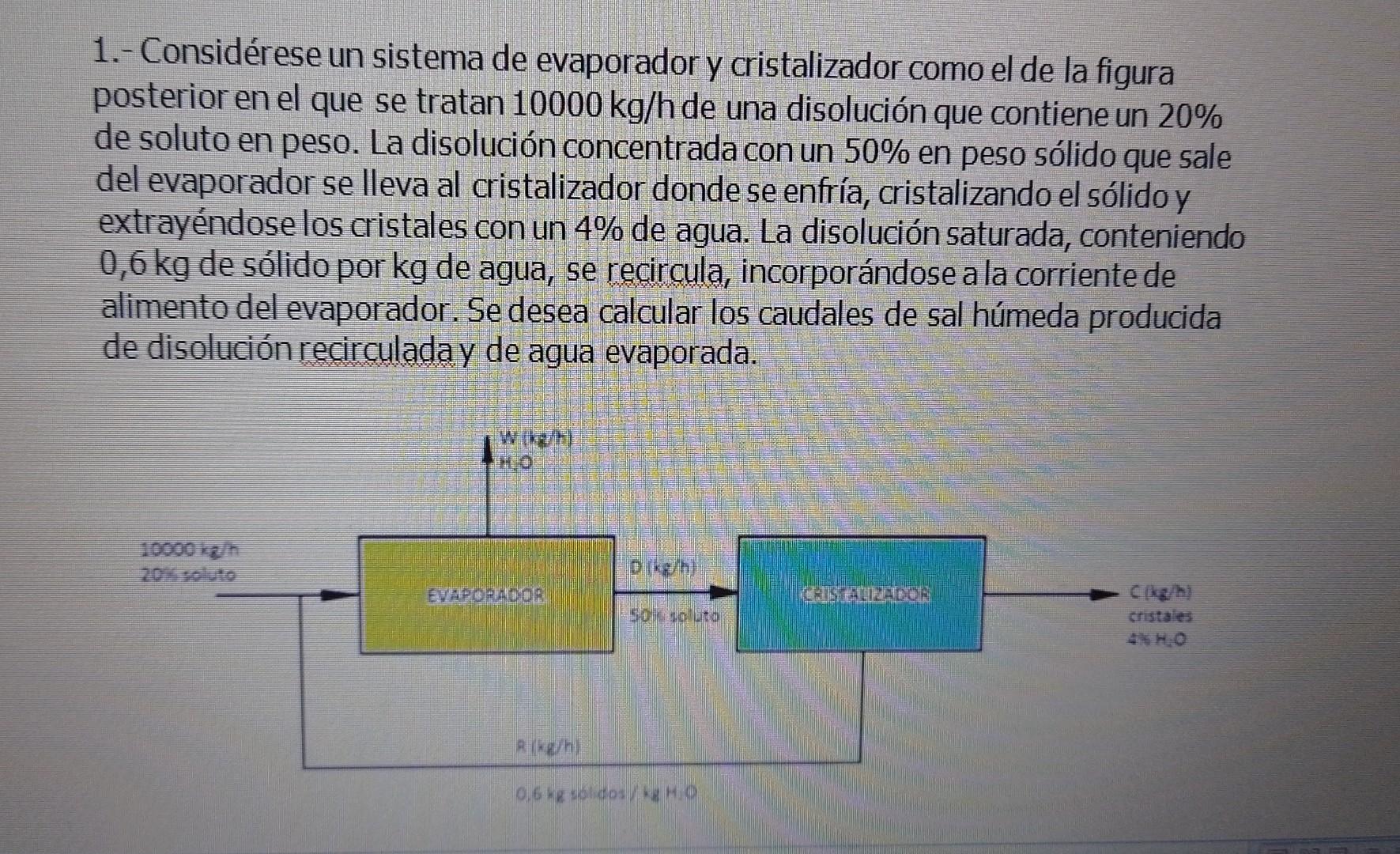 1.- Considérese un sistema de evaporador y cristalizador como el de la figura posterior en el que se tratan \( 10000 \mathrm{