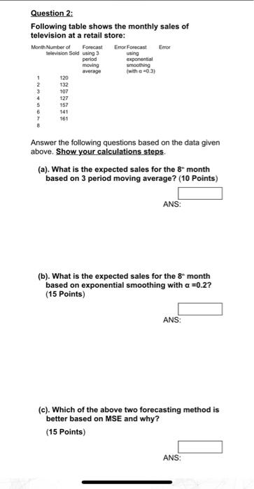Solved Question 2: Following table shows the monthly sales | Chegg.com