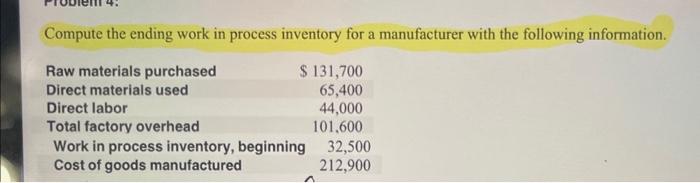 Solved Compute the ending work in process inventory for a | Chegg.com