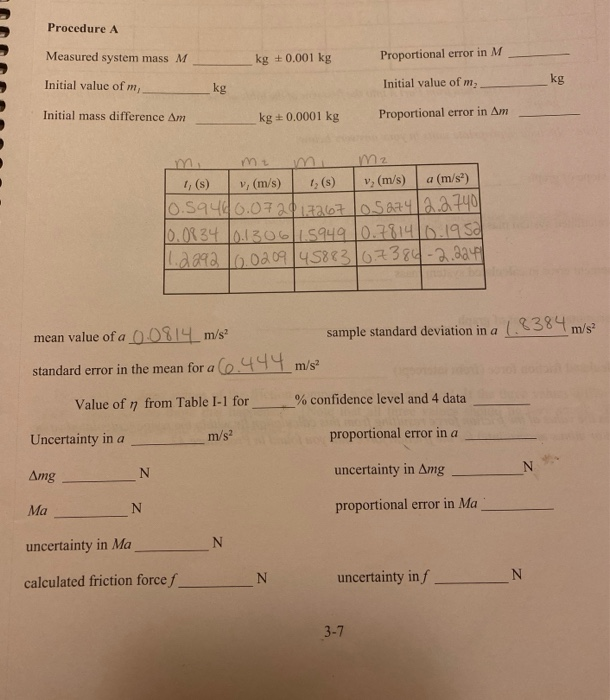 Procedure A Measured System Mass M Kg 0 001 Kg Chegg Com