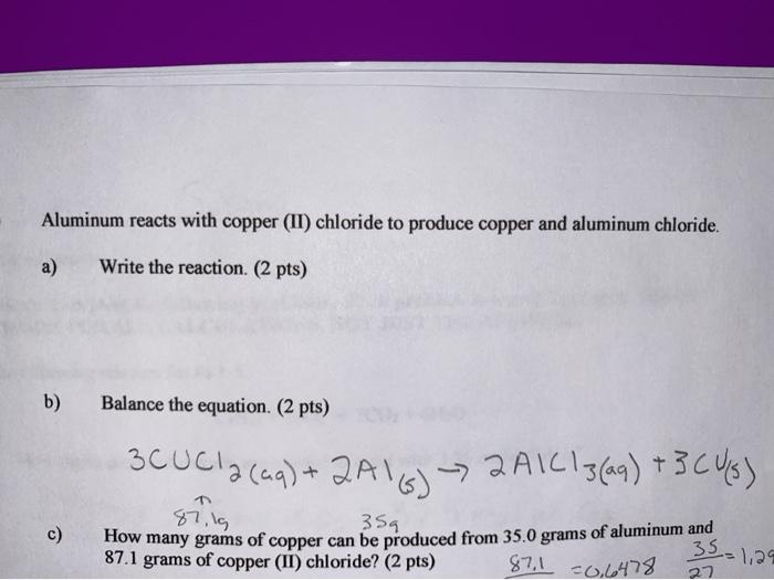 Solved Aluminum reacts with copper (II) chloride to produce