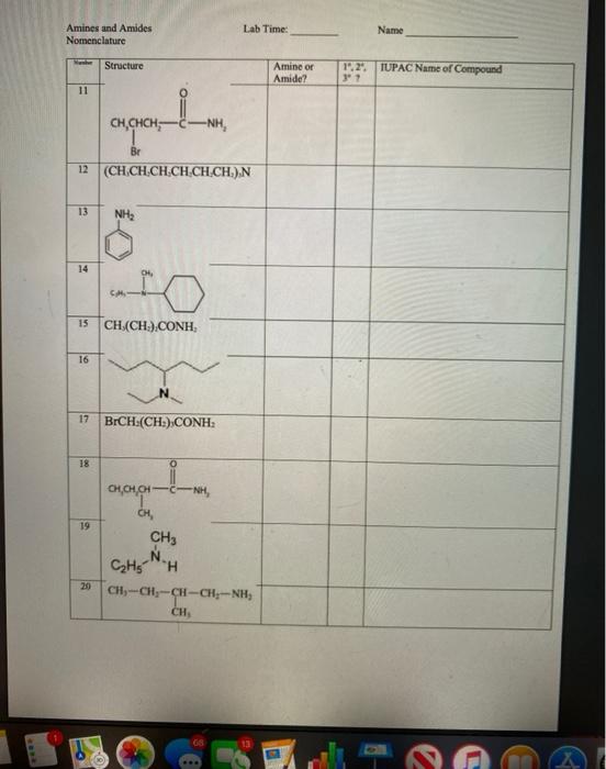 Solved Amines and Amides Lab Time: Name Nomenclature For | Chegg.com