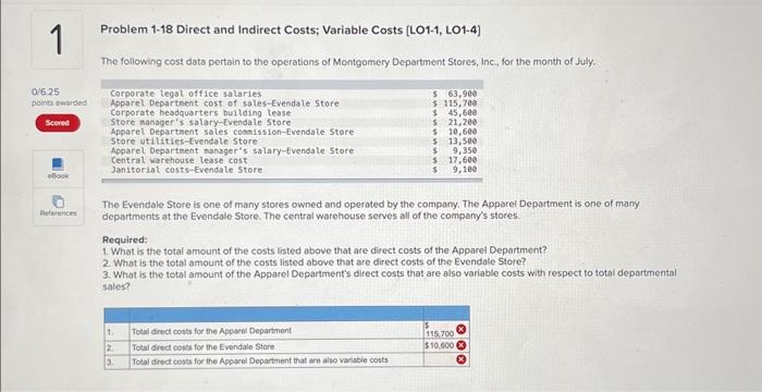 Solved Problem 1-18 Direct and Indirect Costs; Variable | Chegg.com