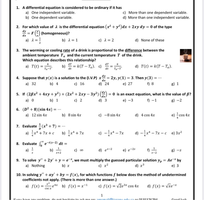 Solved 1 A Differential Equation Is Considered To Be Ord Chegg Com