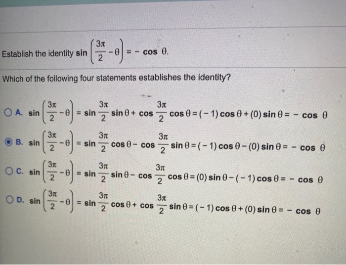 Solved Establish the identity sin (-0) -- cos 0. Which of | Chegg.com