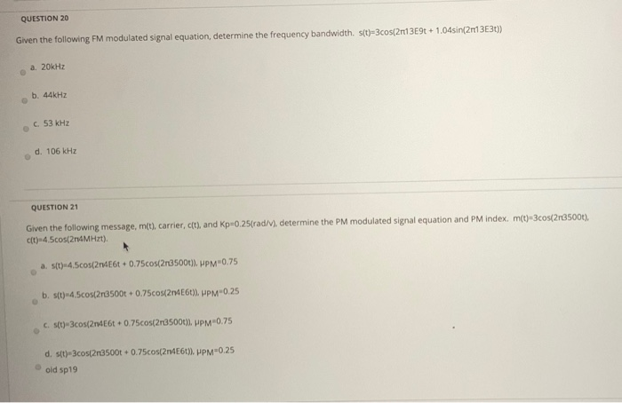 Solved QUESTION 22 Given the following PM modulated signal | Chegg.com