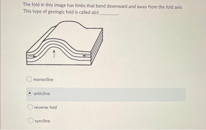 The fold in this image has limbs that bend downward and away from the fold axis. This type of geologic fold is called \( a(n)