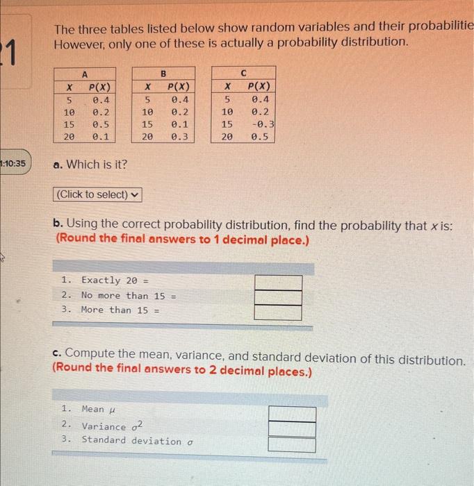 Solved The three tables listed below show random variables | Chegg.com
