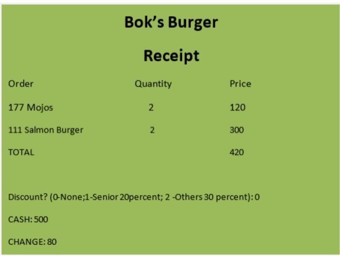 Boks Burger
Receipt
Discount? (0-None;1-Senior 20percent; 2 -Others 30 percent): 0
\( \mathrm{CASH}: 500 \)
CHANGE: 80