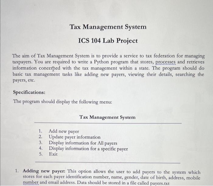 Solved The aim of Tax Management System is to provide a | Chegg.com