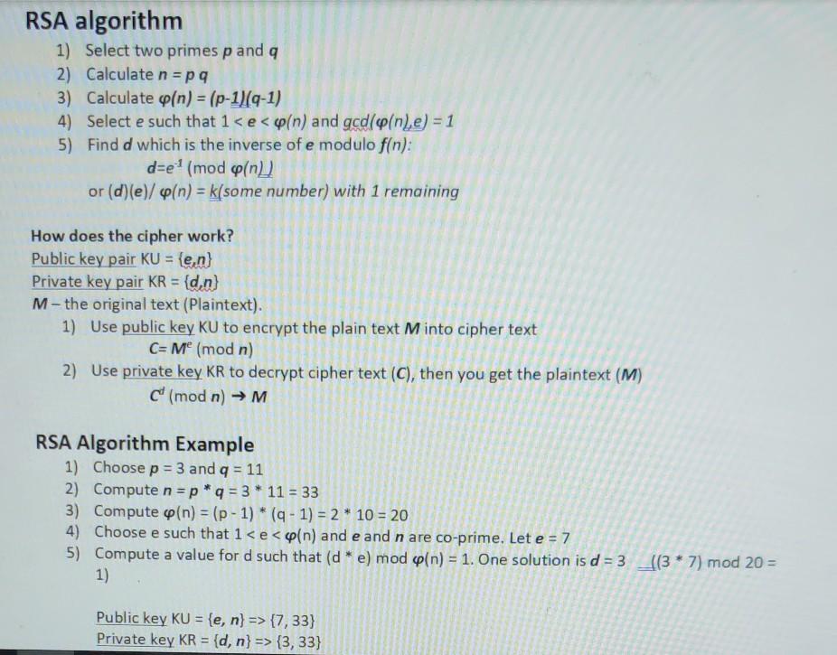 Solved Rsa Algorithm 1 Select Two Primes P And A 2 Calc Chegg Com