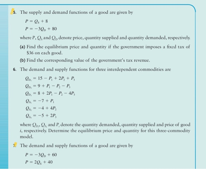 Solved 5. The supply and demand functions of a good are