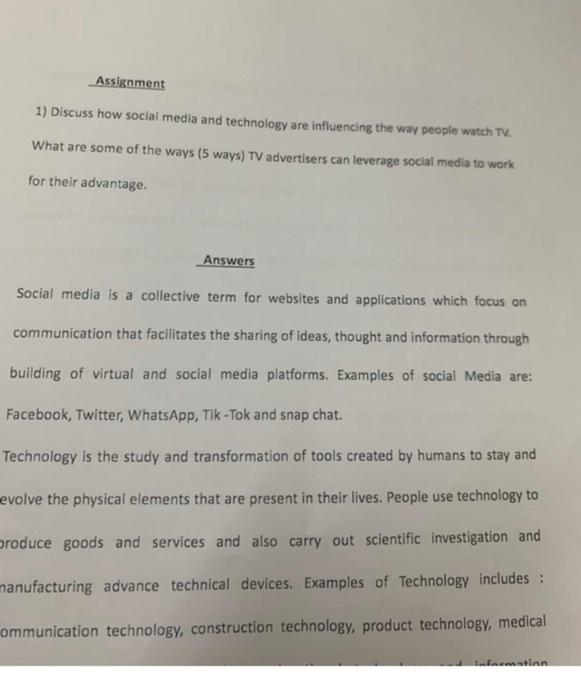 Solved Assignment 1) Discuss how social media and technology | Chegg.com
