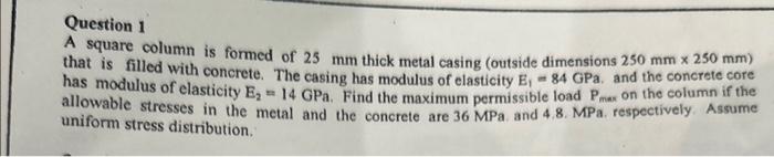 Solved Question 1 A square column is formed of 25 mm thick | Chegg.com