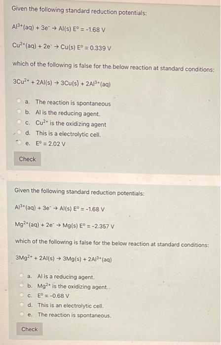 Solved Given The Following Standard Reduction Potentials: | Chegg.com