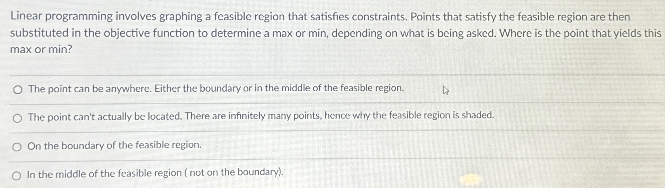 Solved Linear programming involves graphing a feasible | Chegg.com