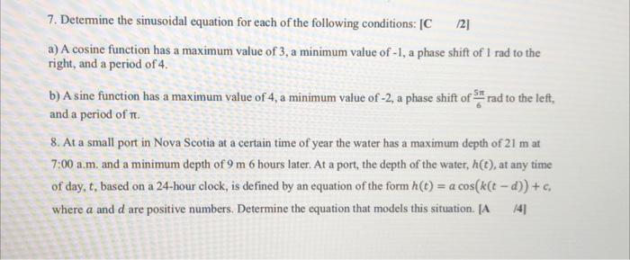 Solved 7. Determine the sinusoidal equation for each of the | Chegg.com