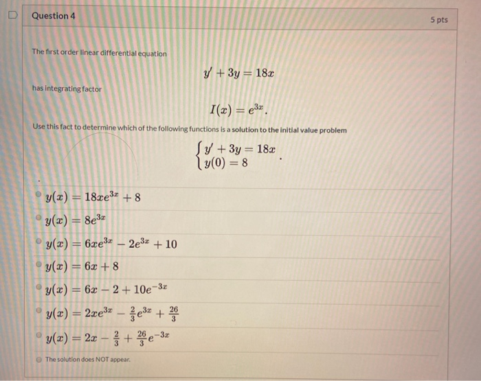 Solved The first order linear differential equation has | Chegg.com