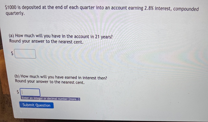 Solved $1000 is deposited at the end of each quarter into an | Chegg.com