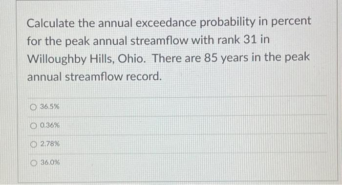 Calculate the annual exceedance probability in percent for the peak annual streamflow with rank 31 in Willoughby Hills, Ohio.
