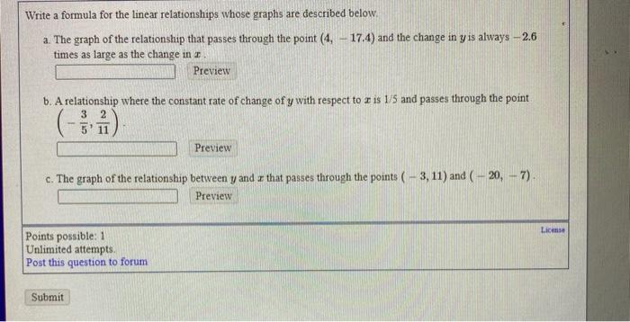 Solved Write a formula for the linear relationships whose | Chegg.com
