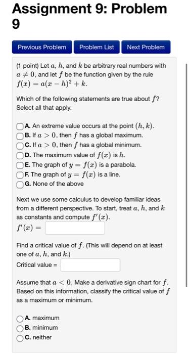 Solved Assignment 9: Problem 9 (1 point) Let a,h, and k be | Chegg.com