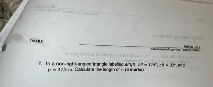 Solved 7. In a non-right-angled triangle labelled \\( | Chegg.com