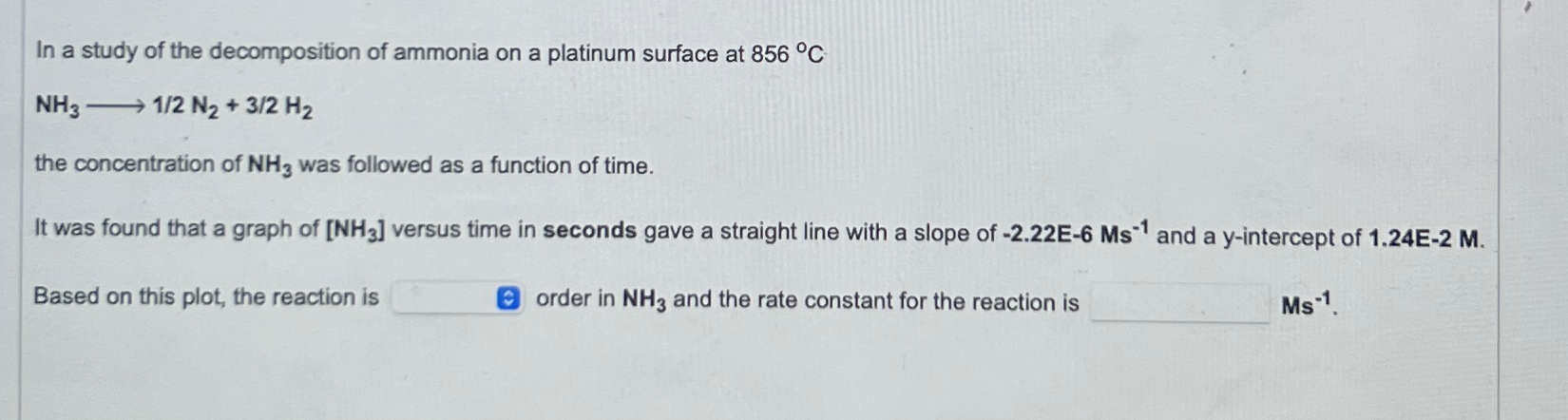 Solved In a study of the decomposition of ammonia on a | Chegg.com