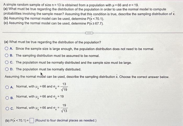 Solved A simple random sample of size n=13 is obtained from | Chegg.com