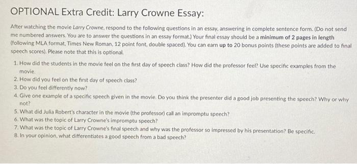 OPTIONAL Extra Credit: Larry Crowne Essay: After | Chegg.com