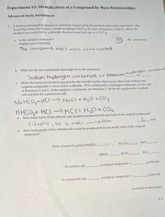 Solved Experiment #5: Identification of a Compound by Mass | Chegg.com