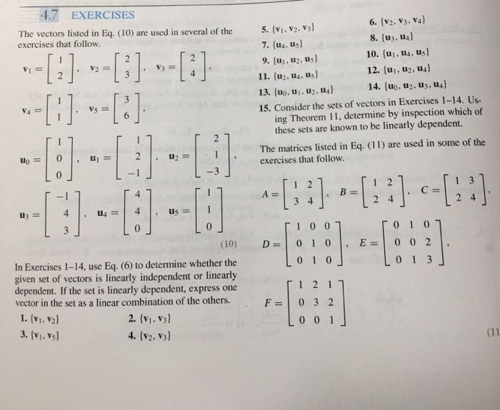 4 7 Exercises The Vectors Listed In Eq 10 Are Used Chegg Com