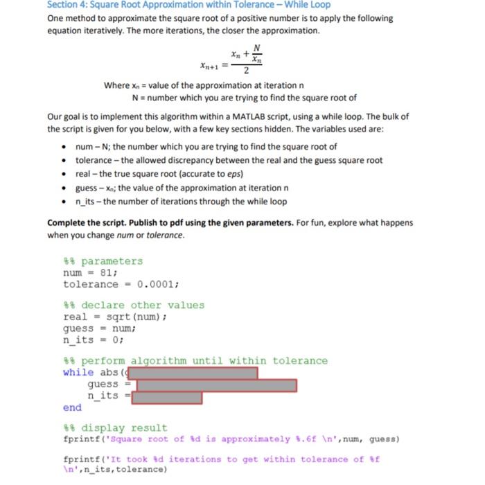 Solved Section 4: Square Root Approximation within Tolerance | Chegg.com