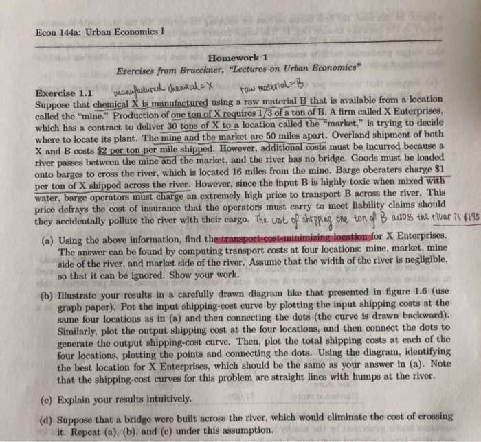 Econ 144a: Urban Economics I Homework 1 Exercises | Chegg.com