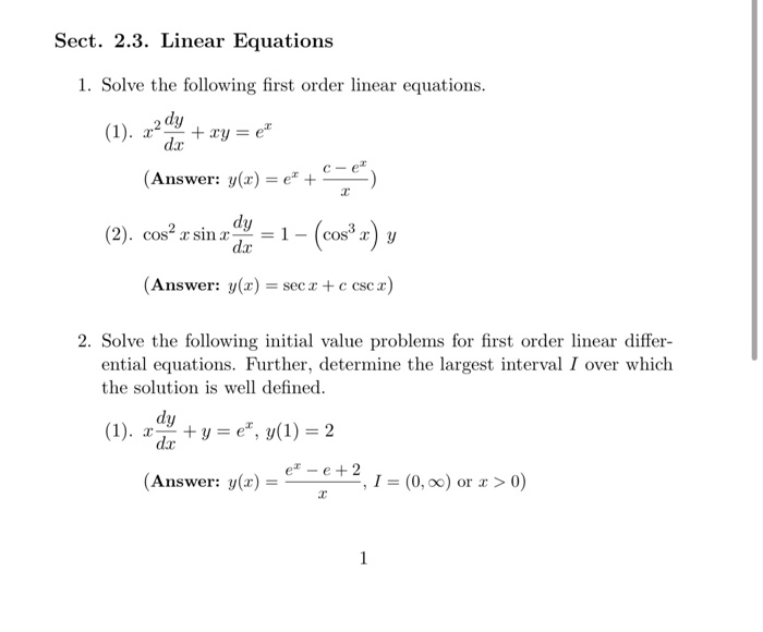 Solved Sect. 2.3. Linear Equations 1. Solve the following | Chegg.com