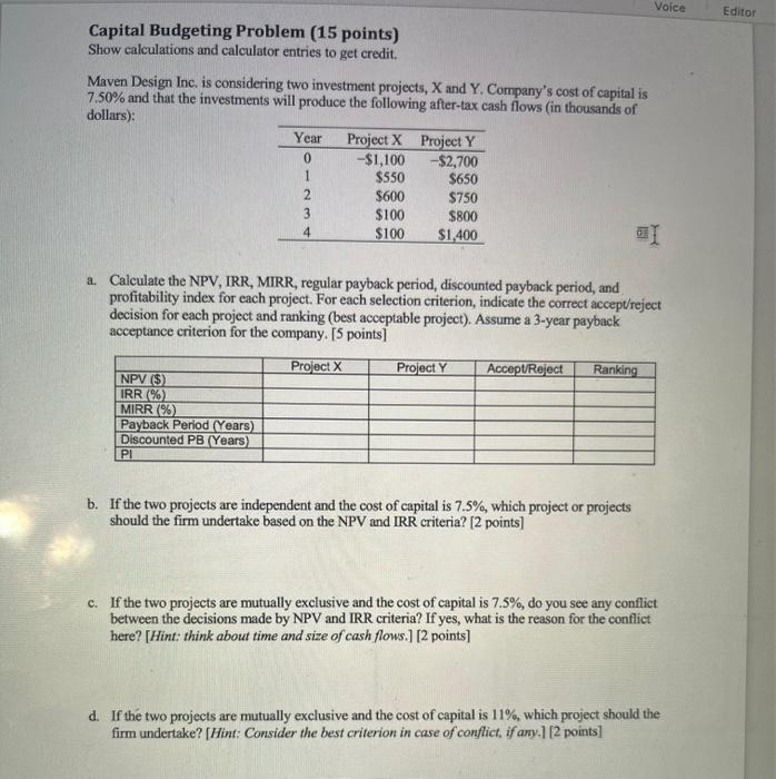 Solved Capital Budgeting Problem (15 points) Show | Chegg.com