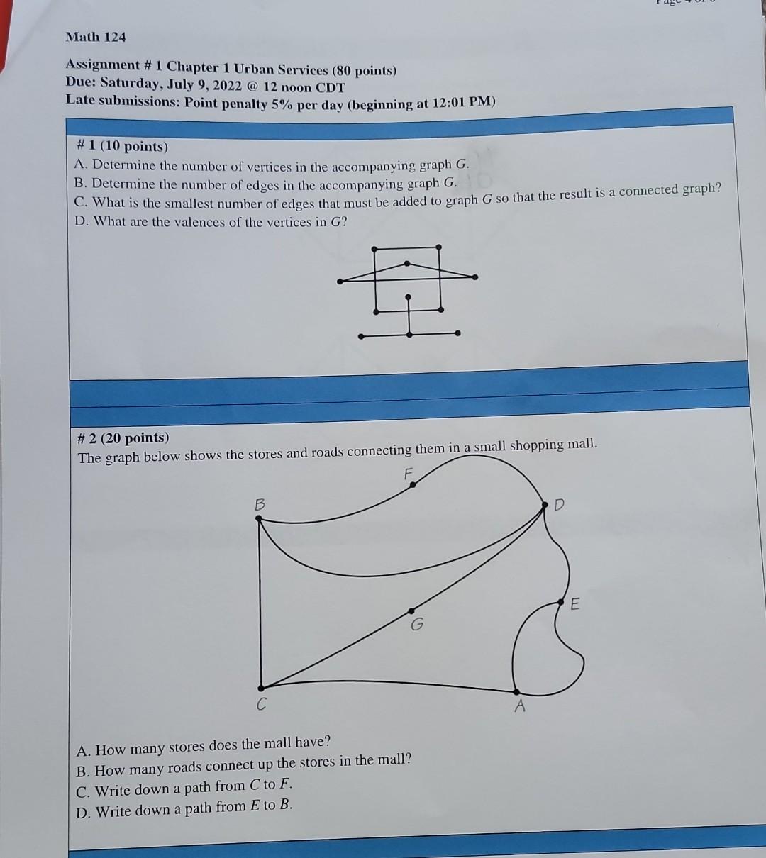 Solved Math 124 Assignment # 1 Chapter 1 Urban Services (80 | Chegg.com