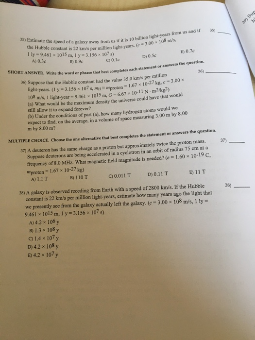 Solved 39 Sur 35 35 Estimate The Speed Of A Galaxy Awa Chegg Com