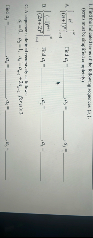 Solved Find the indicated terms of the following sequences | Chegg.com