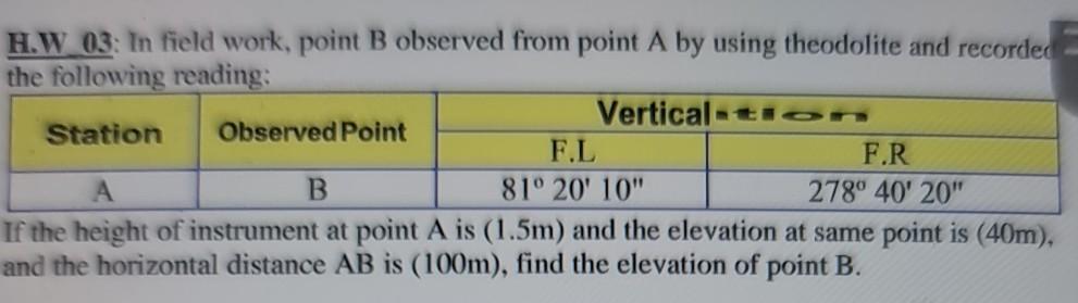 Solved H.W 03: In field work, point B observed from point A | Chegg.com