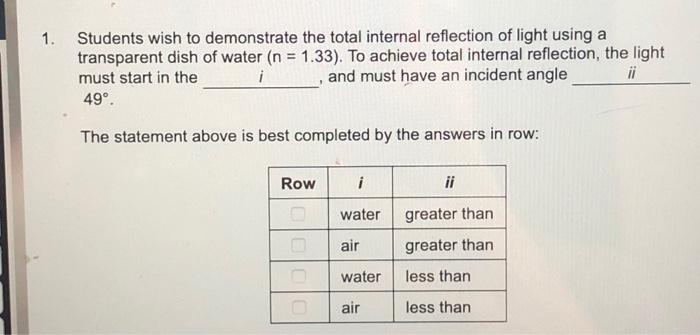 Solved 1. Students wish to demonstrate the total internal | Chegg.com