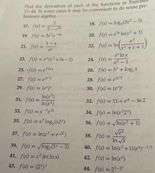 Solved Find The Derivatives Of Each Of The Functions In