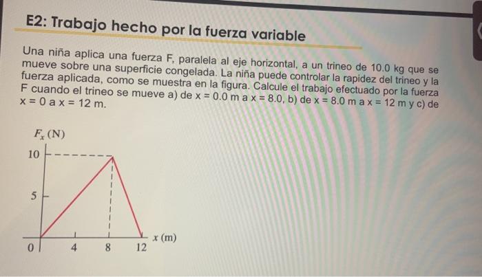 Una nin̄a aplica una fuerza F, paralela al eje horizontal, a un trineo de \( 10.0 \mathrm{~kg} \) que se mueve sobre una supe