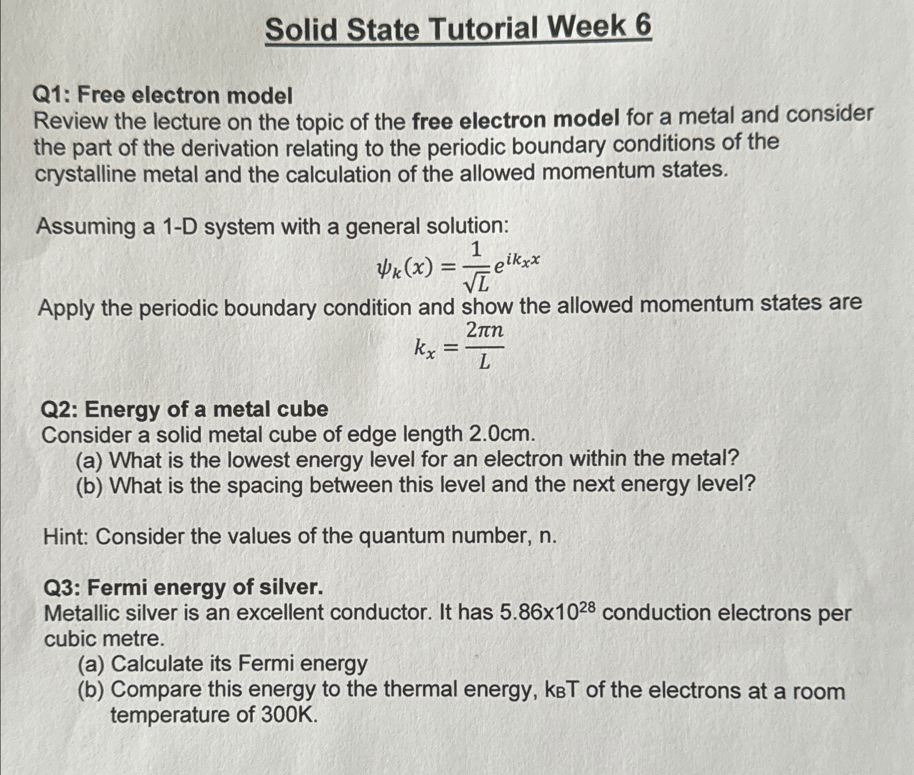 Solved Solid State Tutorial Week 6Q1: Free electron | Chegg.com
