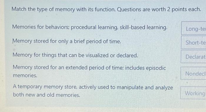 Solved Match the type of memory with its function. Questions | Chegg.com