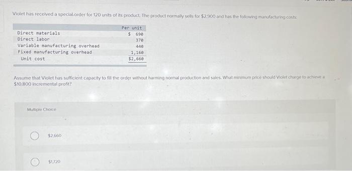 Solved Violet has recelved a specialorder for 120 units of | Chegg.com