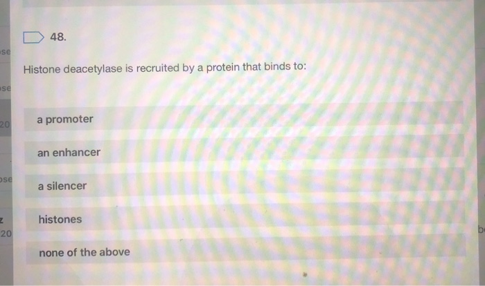 D48.
se
Histone deacetylase is recruited by a protein that binds to:
ise
20
a promoter
an enhancer
ose
a silencer
histones
20