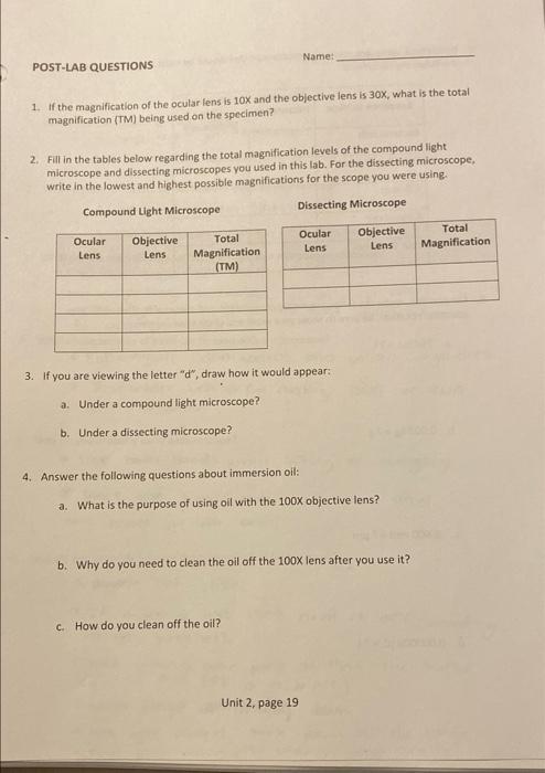 Solved Name: POST-LAB QUESTIONS 1. If the magnification of | Chegg.com
