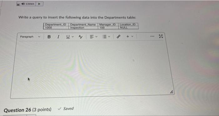Solved Listen Write a query to insert the following data | Chegg.com