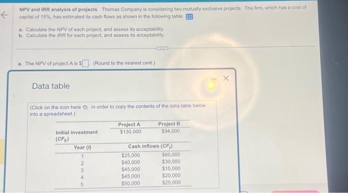 Solved NPV and IRR analysis of projects. Thomas Company is | Chegg.com